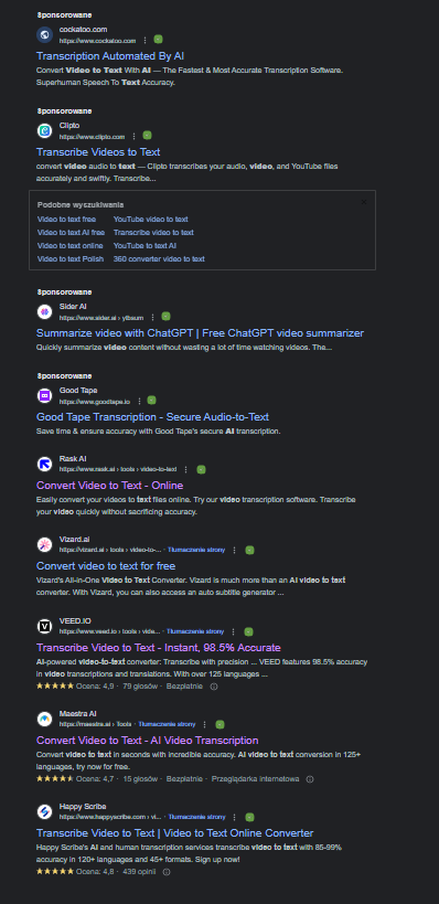 Print screen. Wyniki wyszukiwania "video to text".