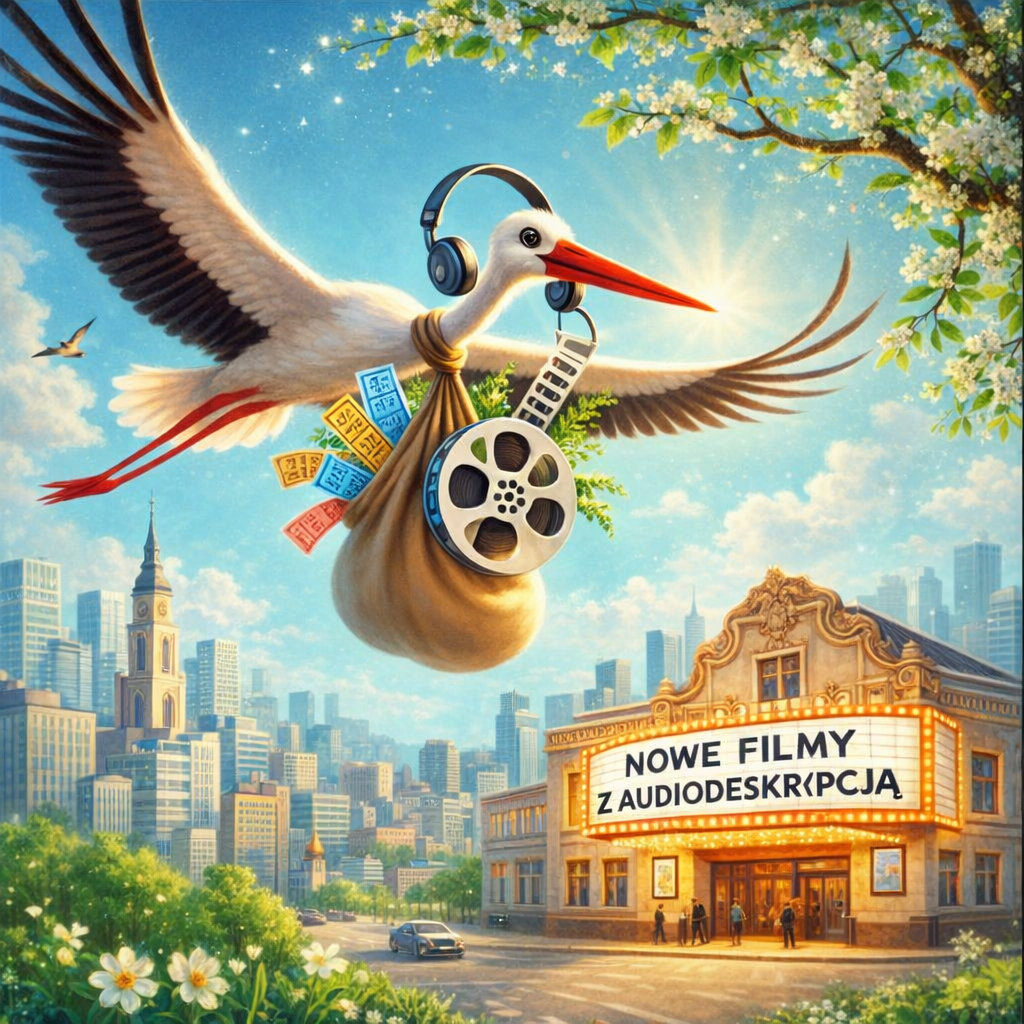 Bocian lecący nad wiosennym miastem. Bocian ma na głowie słuchawki, niesie zawiniątko z taśmy filmowej, biletów i pilota — parodia motywu bociana przynoszącego dzieci. W - kino z szyldem „Nowe filmy z audiodeskrypcją”. W tle panorama miasta z wieżowcami i kościołem, w rogu kwitnące gałęzie drzew. Obraz symbolizuje wiosnę i nadejście filmowych nowości dostępnych z audiodeskrypcją.