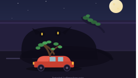 Ilustracja w stylistyce nocnej sceny filmowej. Czerwony samochód z gałęzią wbitą w dach, z zielonymi liśćmi wystającymi z otwartych okien, jedzie drogą przez miasto. W tle, na mur oświetlony księżycem, pada ogromny, ciemny cień w kształcie kota ze świecącymi żółtymi oczami. Ponad murem - nocne niebo z księżycem i gwiazdami.